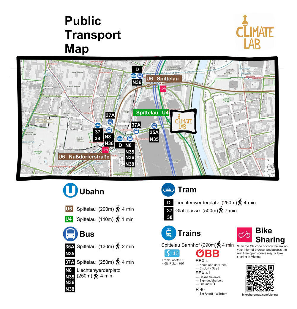 Map of how to get to Climate Lab using public transportation, biking or walking.