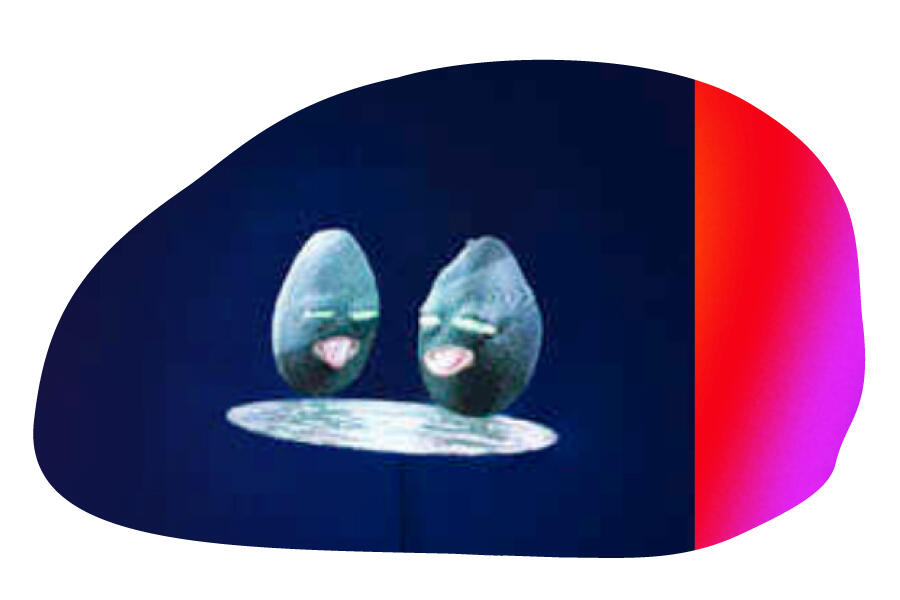 Two avocado-shaped heads floating over a disc