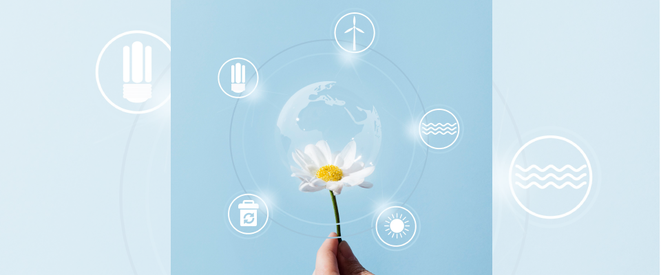 Eine Blume, umgeben von Symbolen für alternative Energie